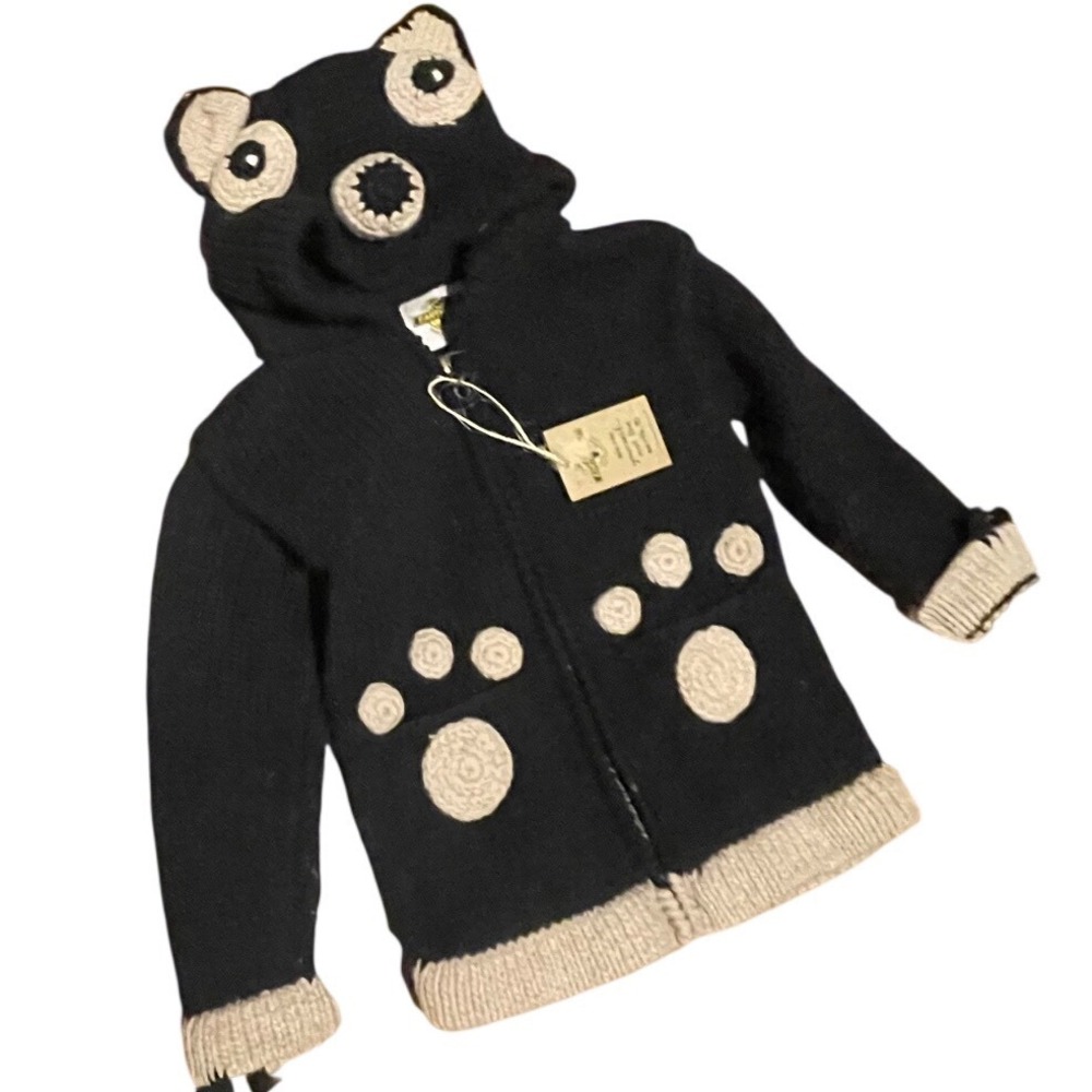 Earth Ragz Kids Bear Hooded Zip Sweater‎ Wool Cotton Black Beige Size 4 NWT